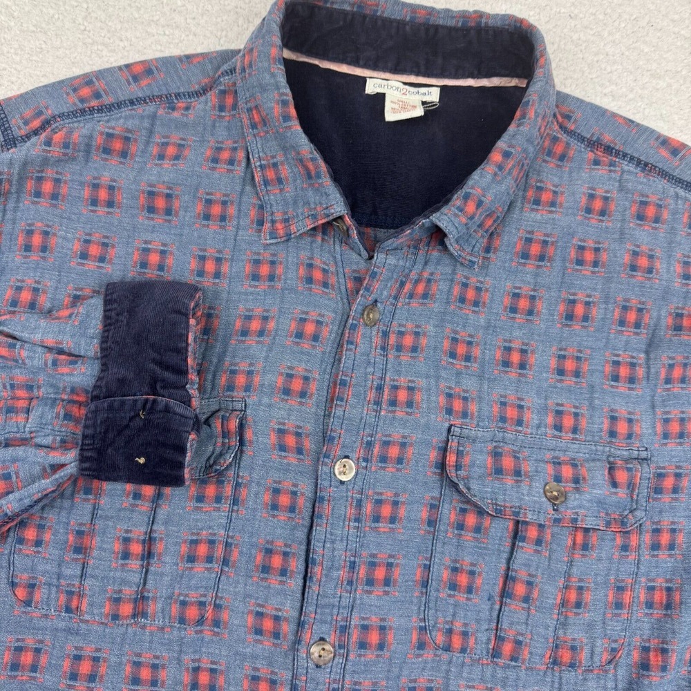 Carbon 2 Cobalt Shirt Men XL Long‎ Sleeve Corduroy Trim Geometric Button Up
